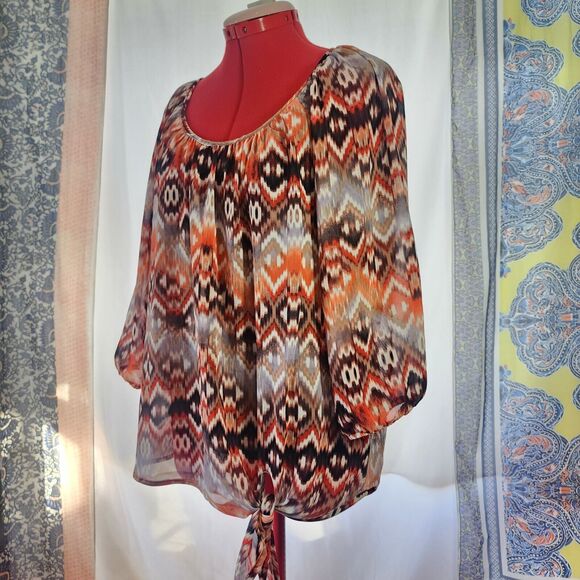 HALO Brown Autumn Colors Pullover Slightly Sheer Tunic Blouse Size M - Picture 2 of 7